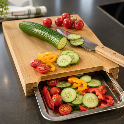 Tocător din Bambus cu Tavă de Depozitare din Oțel img1